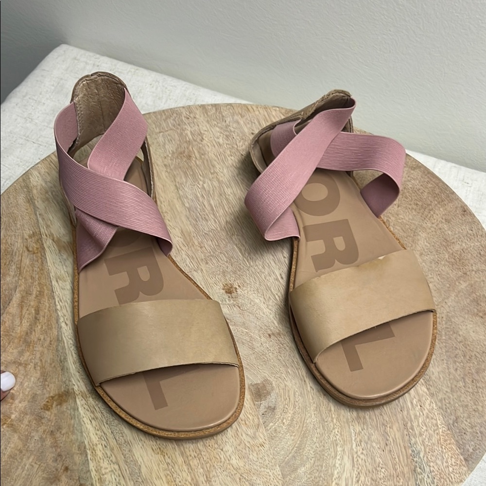 Sorel Pink and Tan Sandals with Crisscross Straps